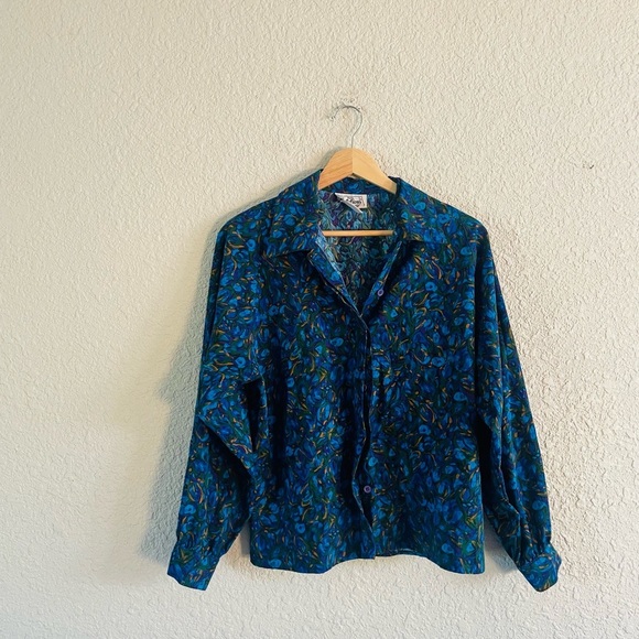 Vintage Notations Blue Jewel Tones Button Up Blouse - Picture 9 of 9